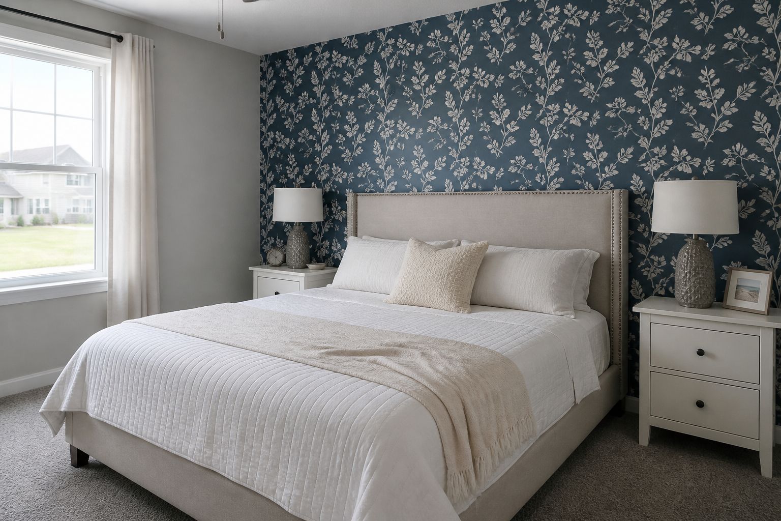 Navy botanical wallpaper accent wall in a primary bedroom