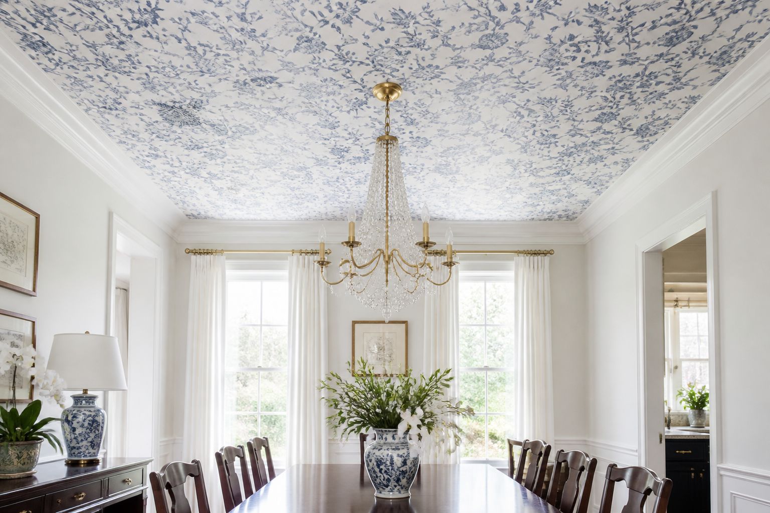 Delicate floral wallpaper installed on a dining room ceiling