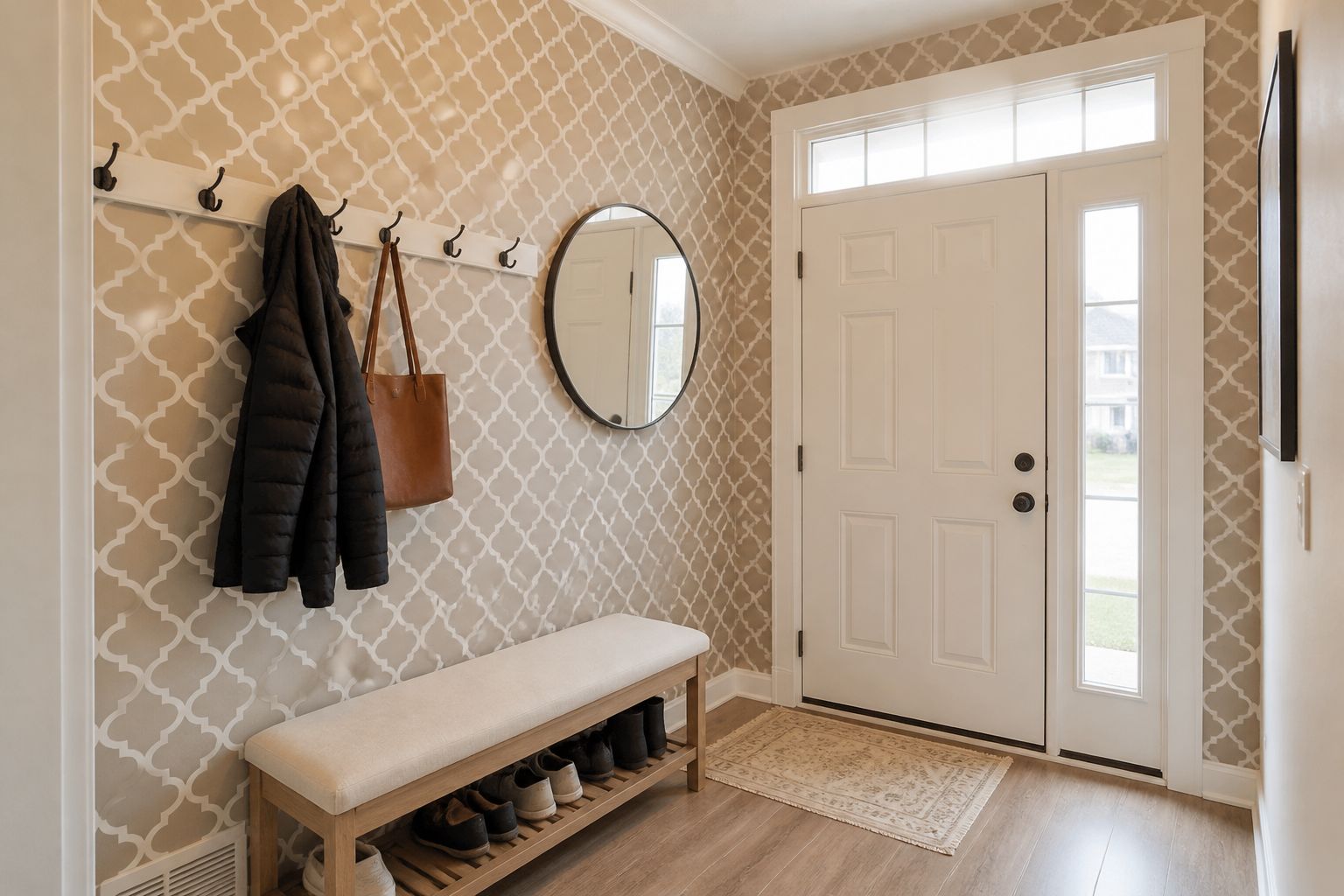 Trellis pattern wallpaper in a home entry foyer