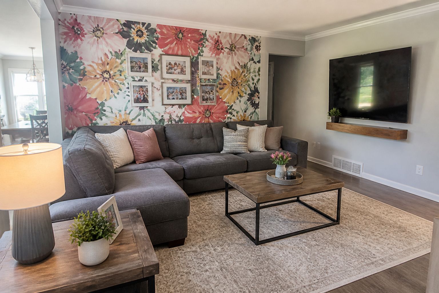 Floral wallpaper accent wall in a Columbus family living room