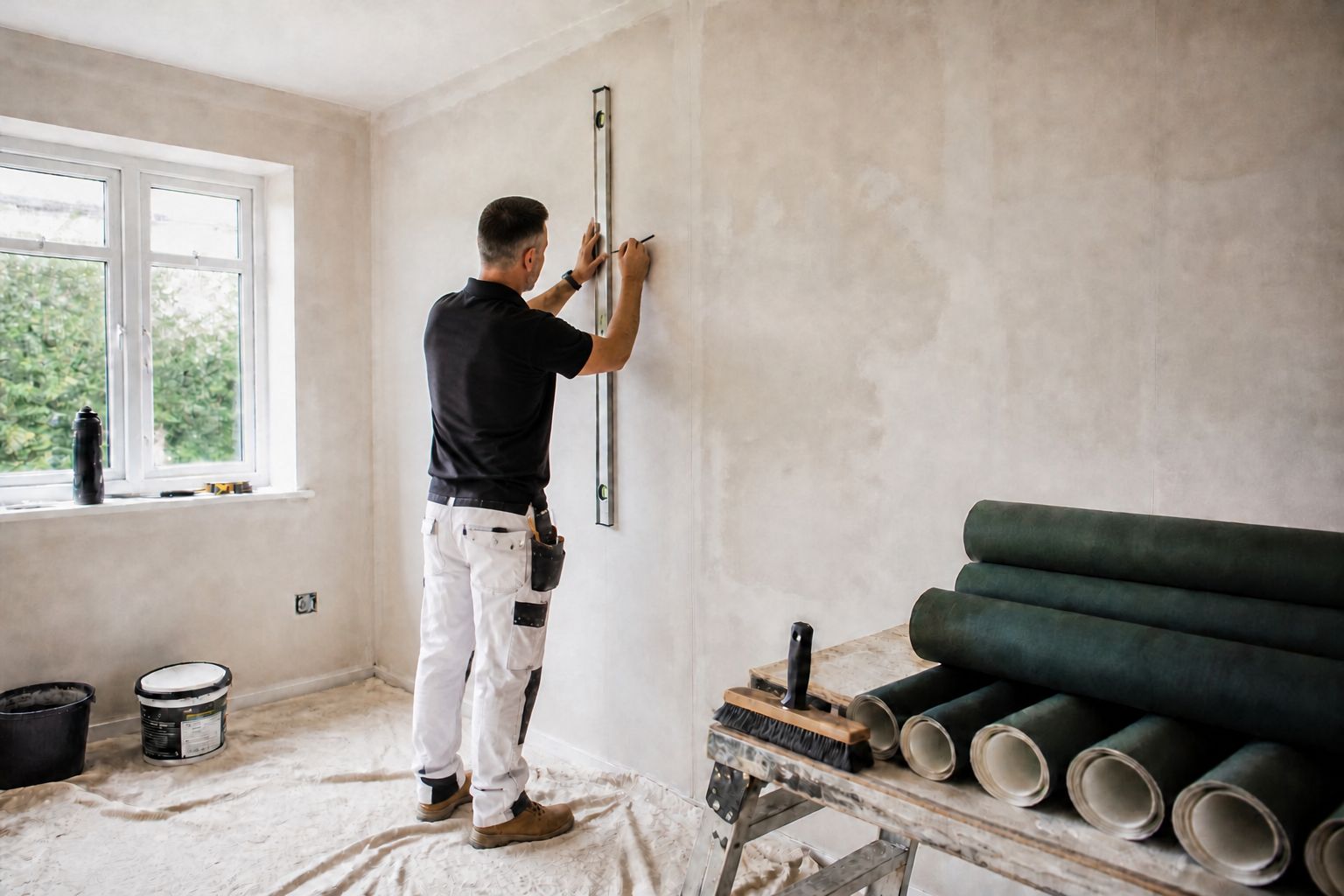 Installer snapping a plumb line on a primed wall before hanging wallpaper